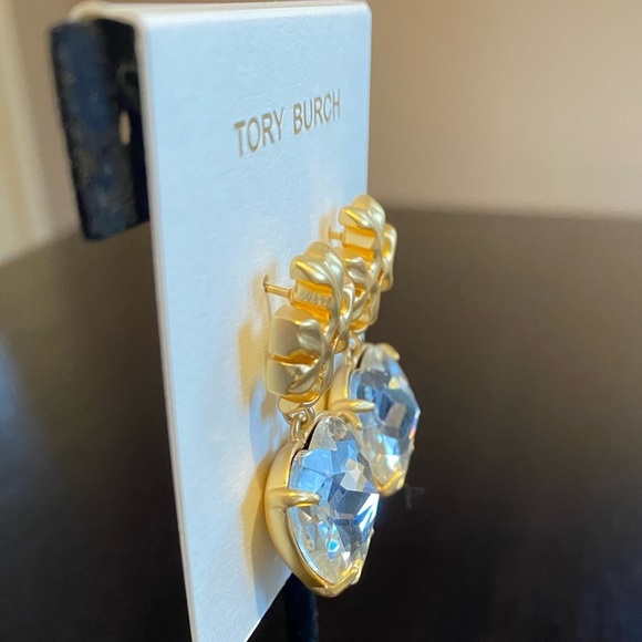 Tory Burch Kira Crystal faceted heart drops hanging from TB logo studs - Picture 4 of 10